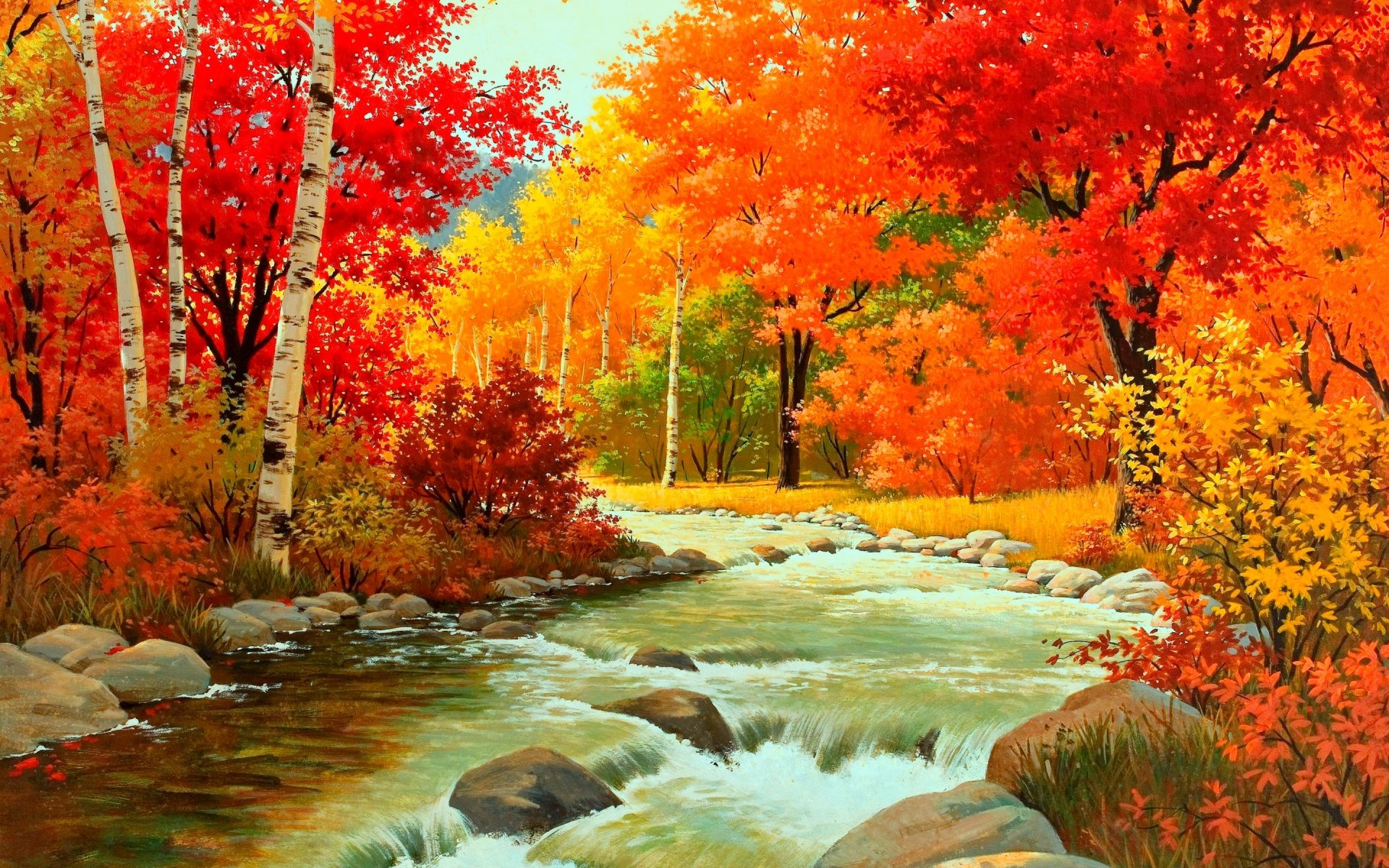осень лес листва река вода камни кусты
