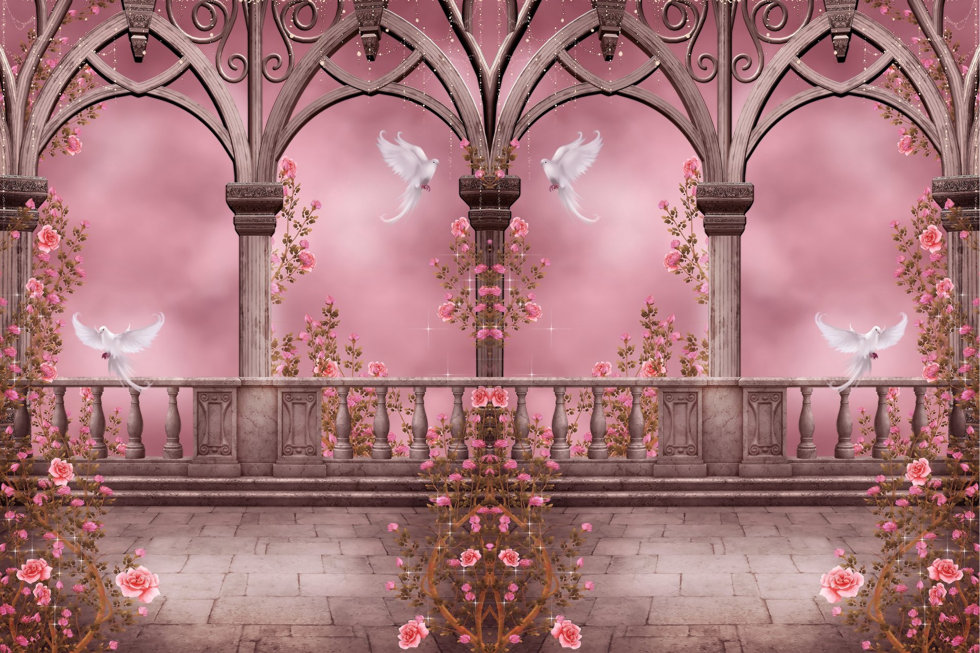 rose garden колонки голуби арки розы цветы гирлянды розовый сад колонны