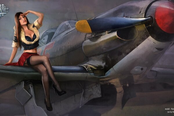 Девушка в чулках на крыле самолёта world warplanes